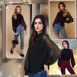 Free People Black Long Sleeve Top Lace Embroidery M